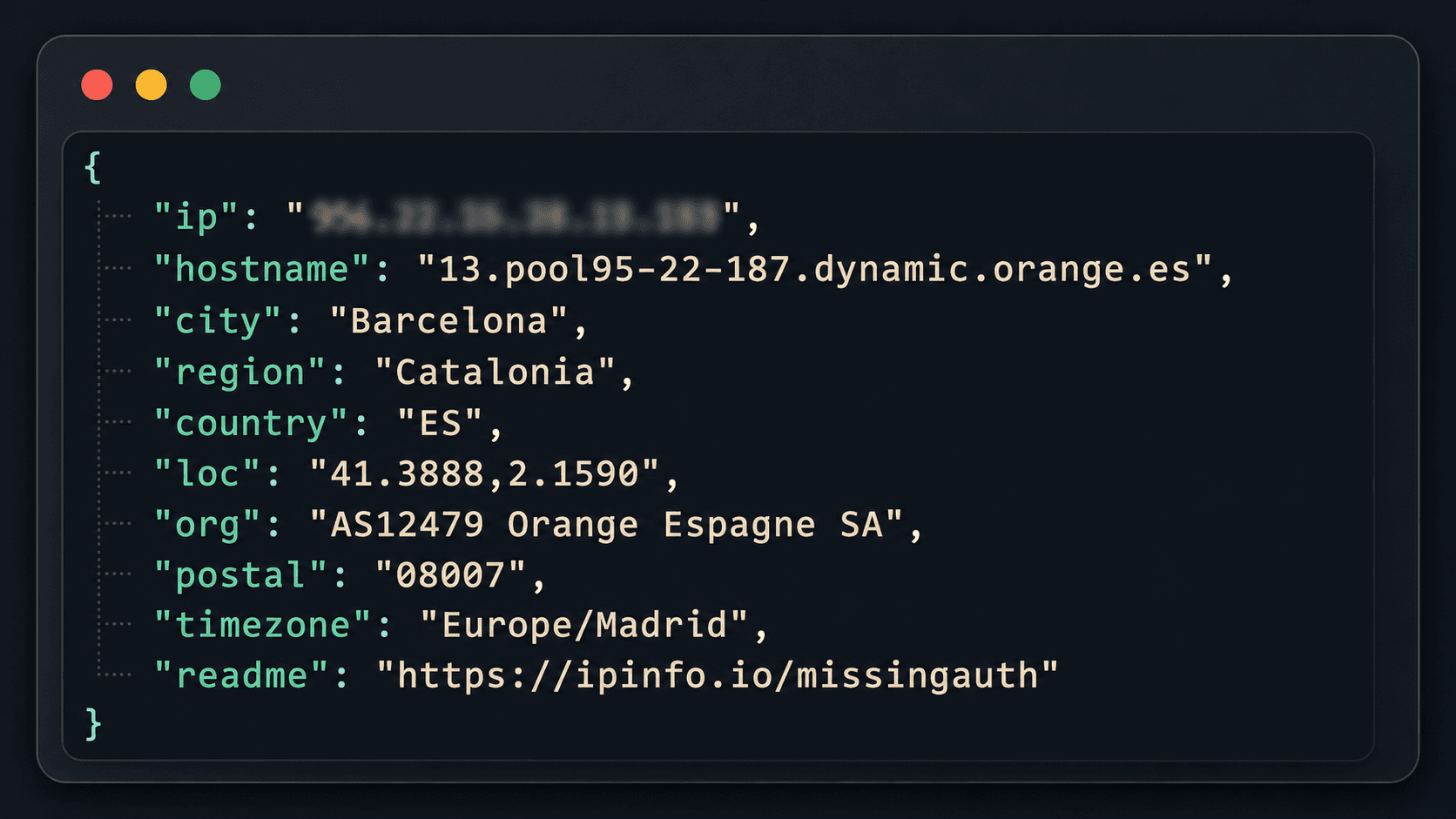 ipinfo.io lookup of an Orange Spain mobile proxy IP showing org AS12479 Orange Espagne SA, hostname ending in orange.es, and country ES