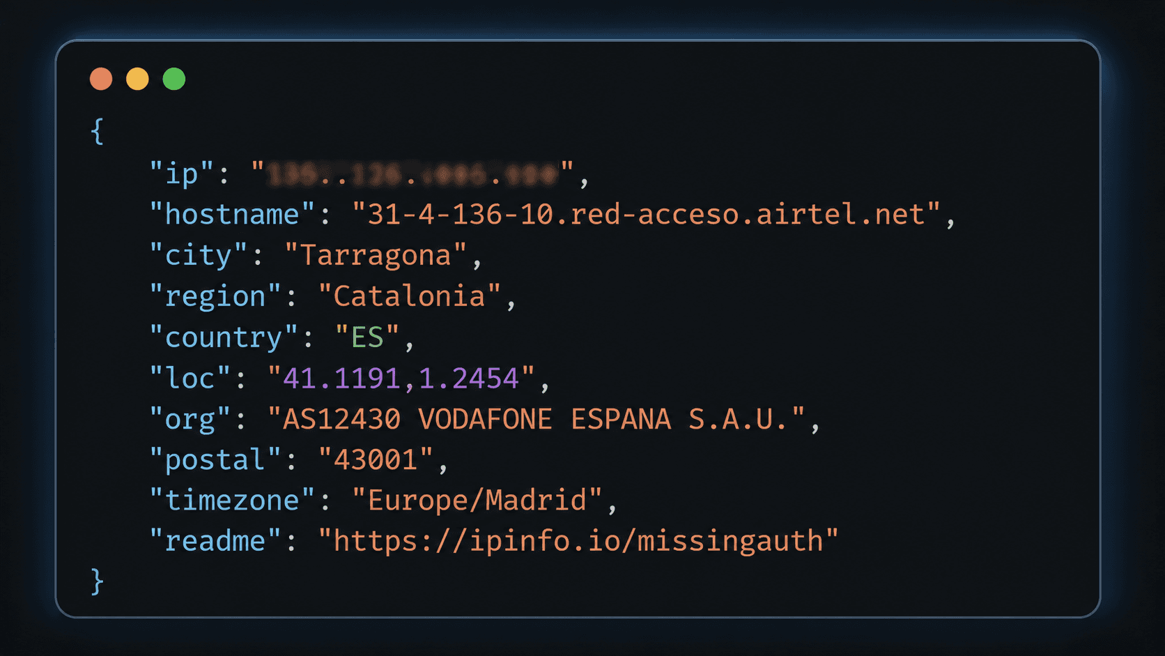 ipinfo.io lookup of a Vodafone Spain mobile proxy IP showing org AS12430 VODAFONE ESPANA S.A.U., hostname on the airtel.net legacy network, and country ES